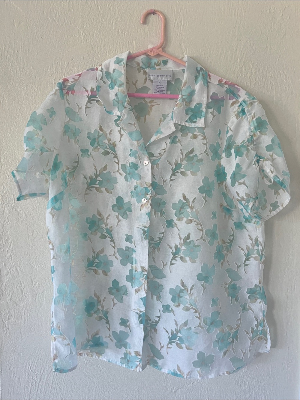 Susan Graver Shear White Blouse with Aqua Floral Print